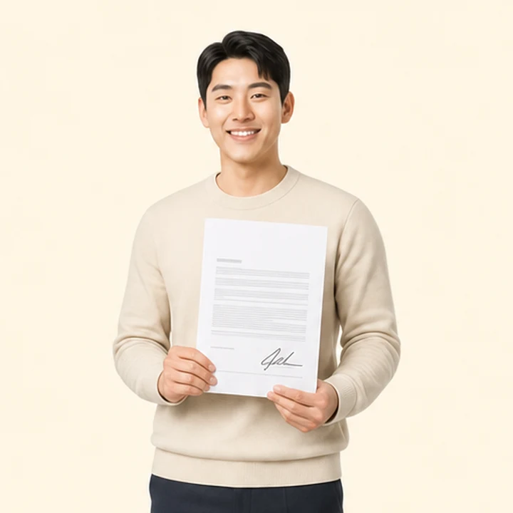 아반떼 신차 장기렌트 서면 견적서를 들고 있는 고객